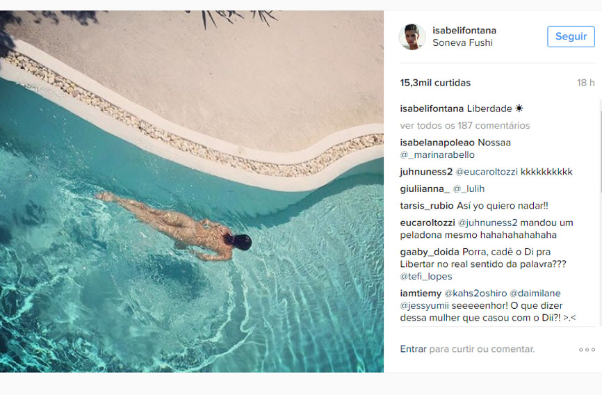 Isabeli Fontana nadando nua em piscina do resort