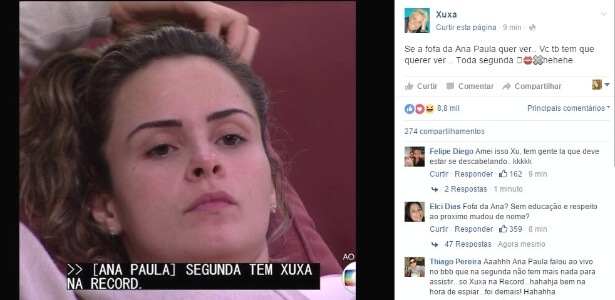 BBB 16 Ana Paula anuncia o programa de Xuxa ao vivo e ganha elogio