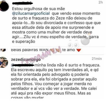 Zezé Di Camargo respondeu internauta que o criticou e elogiou Zilu (Reprodução/Instagram)
