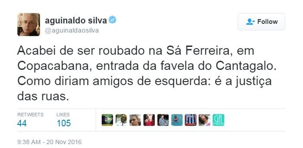 Aguinaldo Silva é roubado no Rio de Janeiro (Foto: Reprodução/ Twitter)