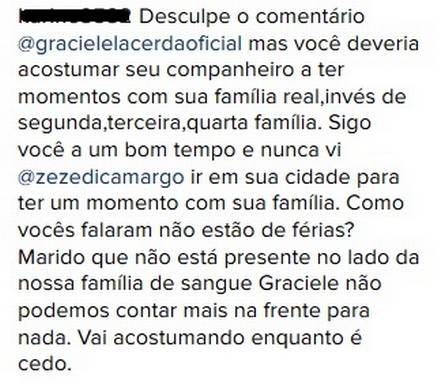 Internauta questionou Graciele Lacerda (Reprodução/Instagram)