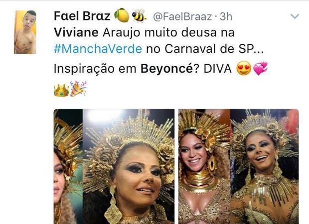 Internautas comparam fantasia de Viviane Araújo e Beyoncé (Reprodução/ Twitter)