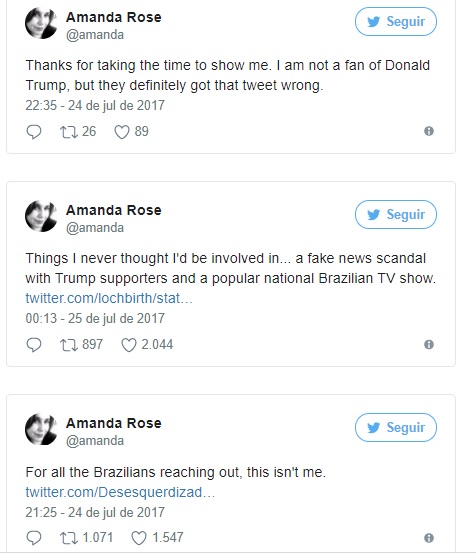 Amanda negou que tenha postado mensagem no Twitter contra Donald Trump
