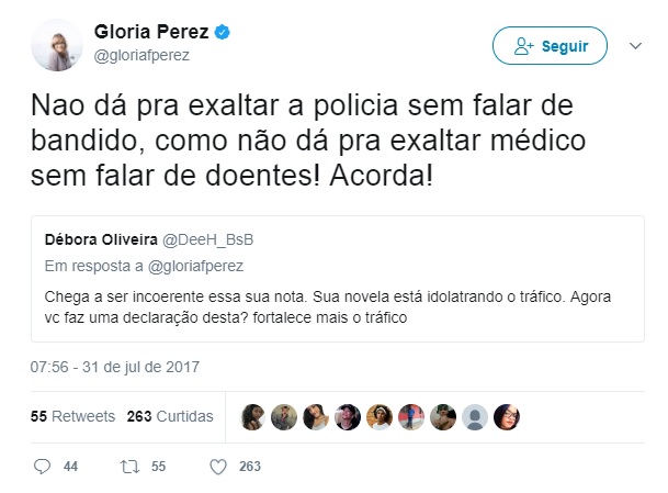 Glória Perez rebateu internauta no Twitter
