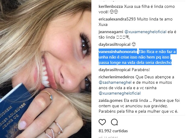 Postagem de Xuxa no Instagram