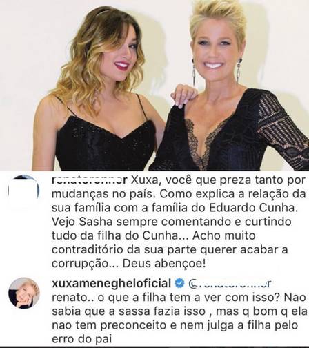 Xuxa rebateu internauta que criticou amizade de Sasha com filha de Eduardo Cunha