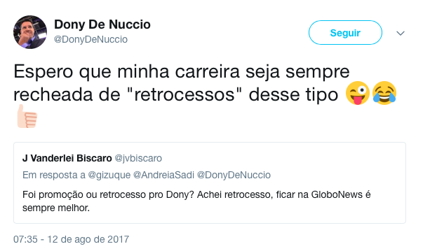 Dony De Nuccio responde ao comentário de internauta no Twitter