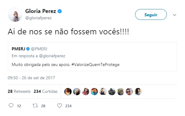 Gloria Perez recebeu mensagem da PM do Rio de Janeiro