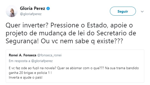 Gloria Perez respondeu internauta no Twitter