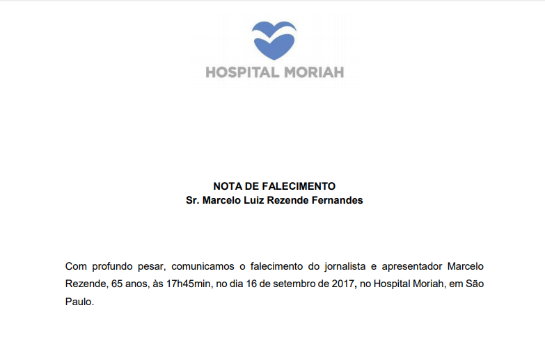 Nota de falecimento do hospital Moriah (Reprodução)