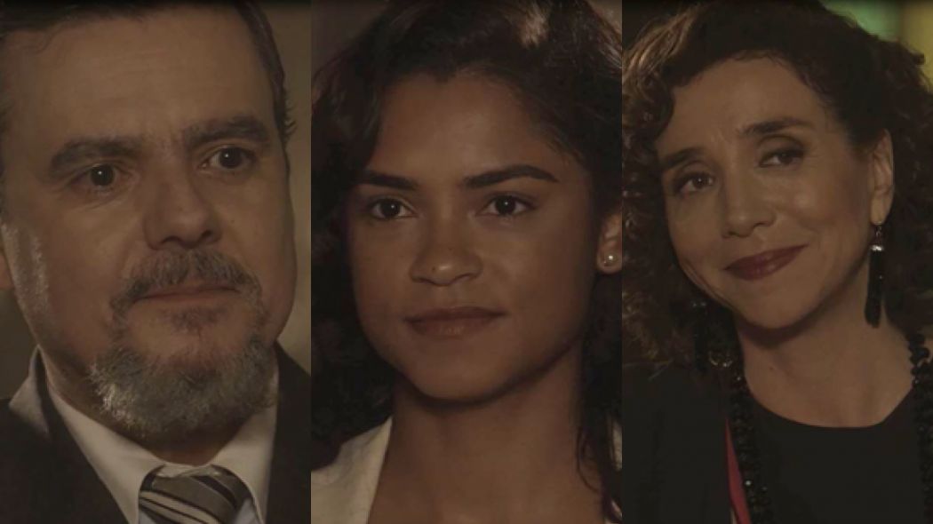 Dr. Reinaldo (Cassio Gabus Mendes), Eunice (Lucy Alves) e Celeste Herminia (Marisa Orth) de Tempo de Amar