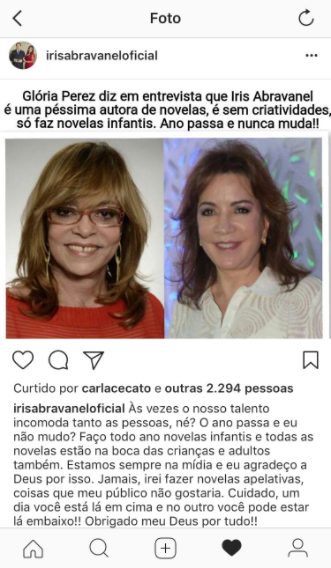 Perfil fake de Iris Abravanel criticou Gloria Perez