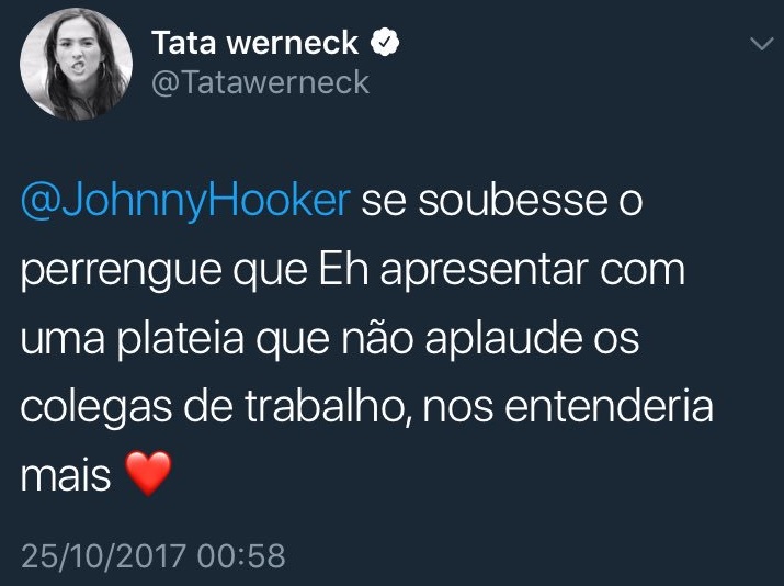 Tata Werneck respondeu tuite de Johnny Hooker