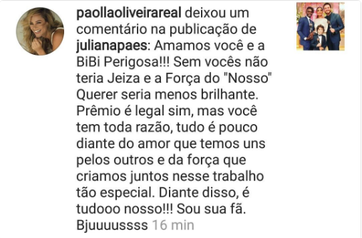 Paolla Oliveira comentou postagem de Juliana Paes sobre o Melhores do Ano