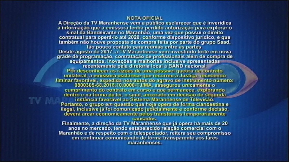 Comunicado exibido pela TV Maranhense sobre a situação da emissora