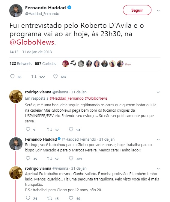 Fernando Haddad discutiu com Rodrigo Vianna no Twitter