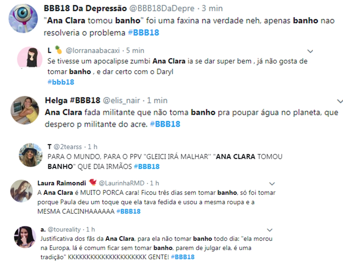 Internautas fazem piada com a falta de banho de Ana Clara no BBB18 (Reprodução: Twitter)