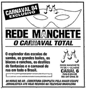 Anúncio sobre o carnaval da Manchete, em 1984