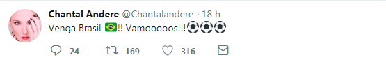 Chantal Andere também revelou torcida para a Seleção Brasileira