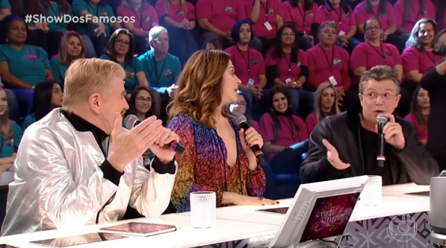 Miguel Falabella, Cláudia Raia e Boninho no Show dos Famosos, do Domingão do Faustão, da Globo