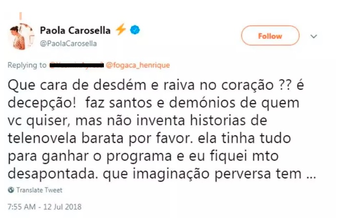 Paola Carosella rebateu internauta apos ser criticada