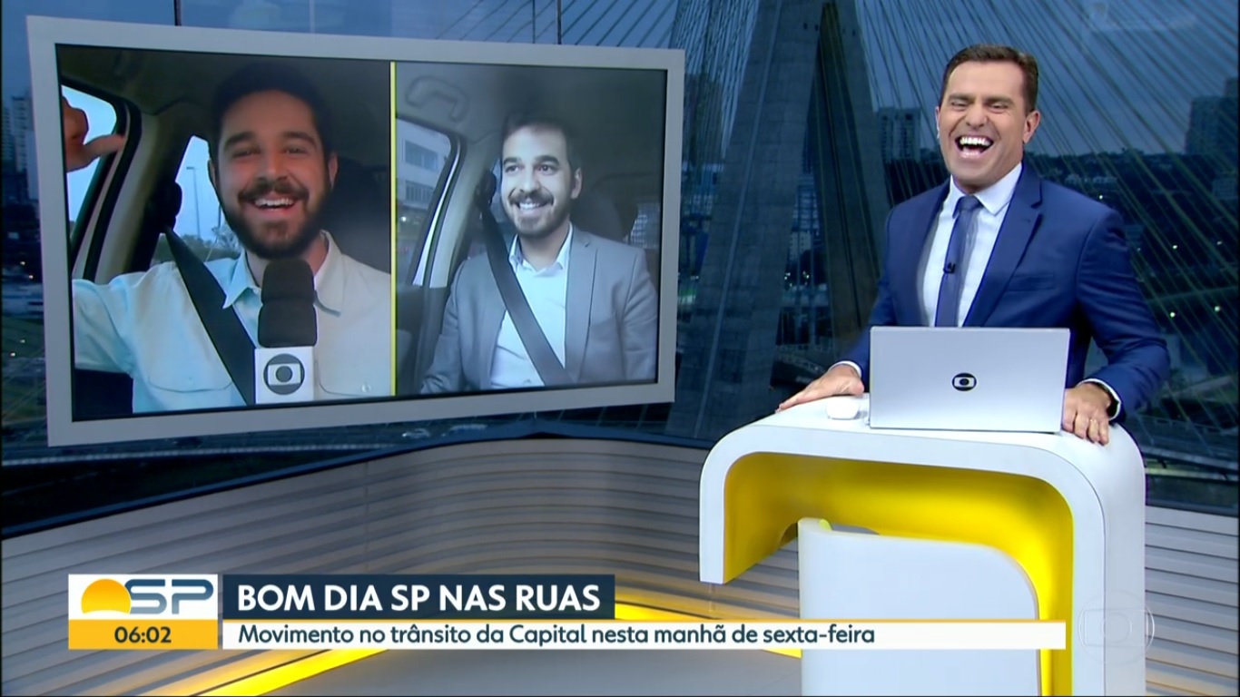 Rodrigo Bocardi e os reporteres Victor Bonini e Guilherme Pimentel no Bom Dia SP