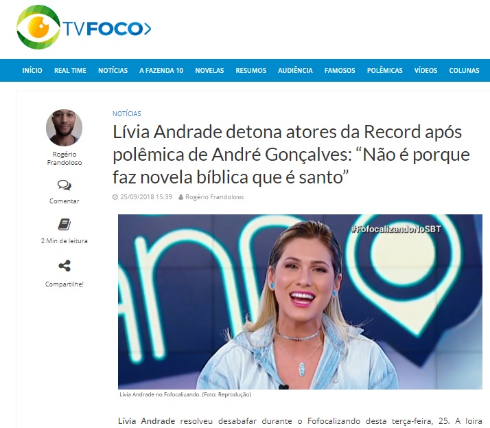 Site TV Foco soltou nota sobre fala de Livia Andrade no Fofocalizando e recebeu resposta da famosa