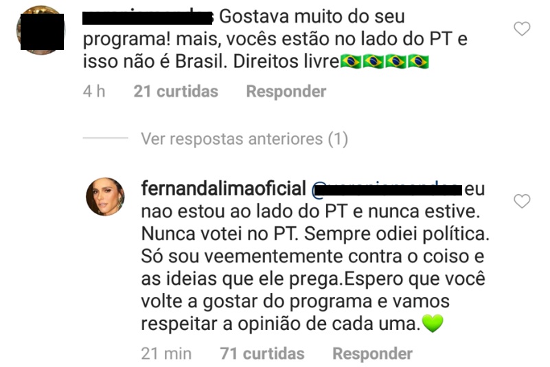 Fernanda Lima rebateu internauta