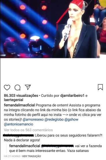 Fernanda Lima respondeu internauta que a criticou
