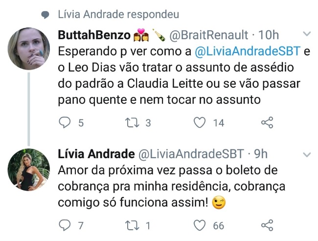 Livia Andrade rebateu internauta no Twitter
