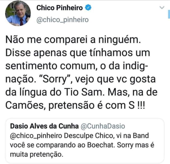 Chico Pinheiro rebateu internauta