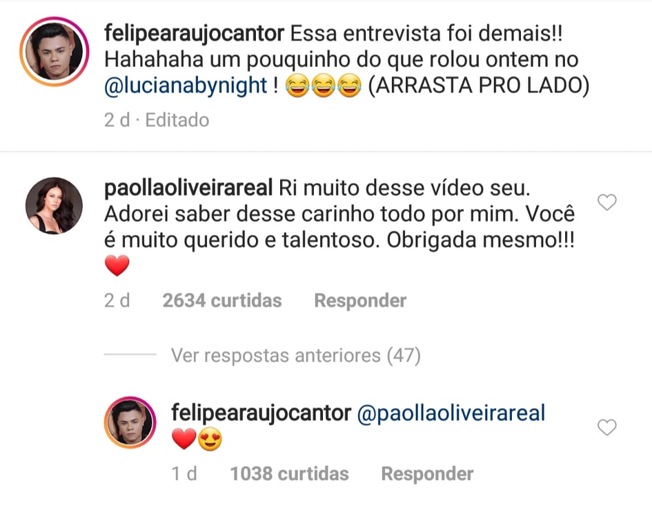 Paolla Oliveira mandou recado para Felipe Araújo