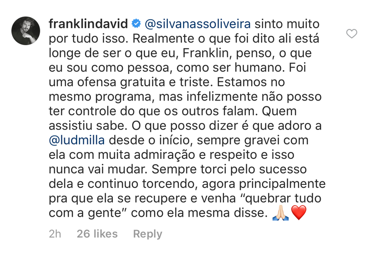Franklin David se manifestou em postagem de Silvana Oliveira sobre comentários de Val Marchiori sobre Ludmilla
