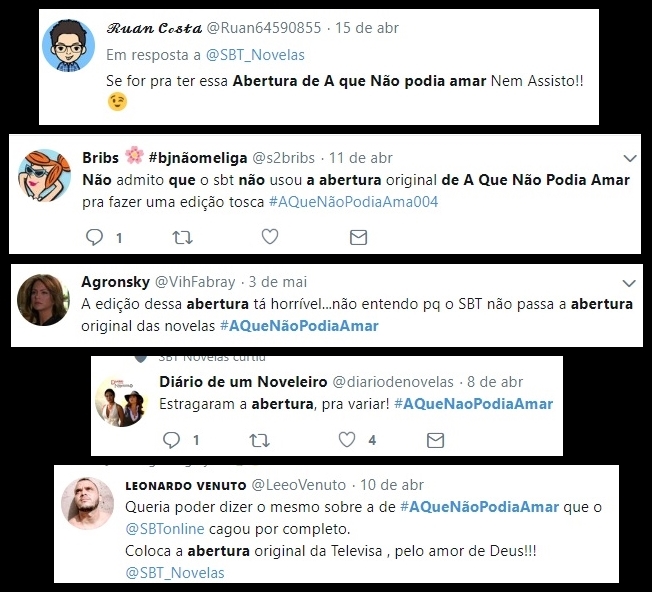 Algumas reclamações de internautas sobre a mudança na abertura da novela A Que Não Podia Amar (Reprodução: Twitter)