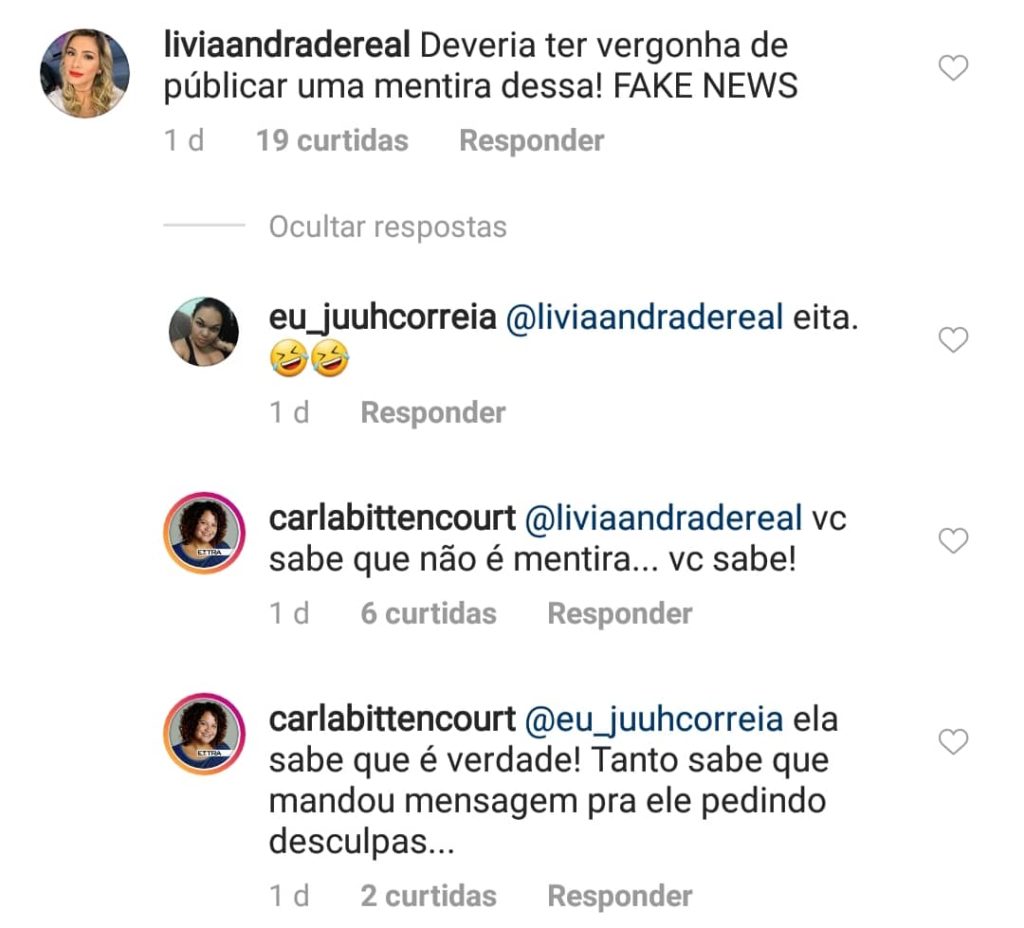 Lívia Andrade rebate jornalista