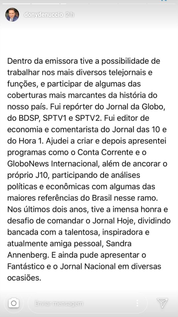 Carta de Dony De Nuccio enviada para a Globo