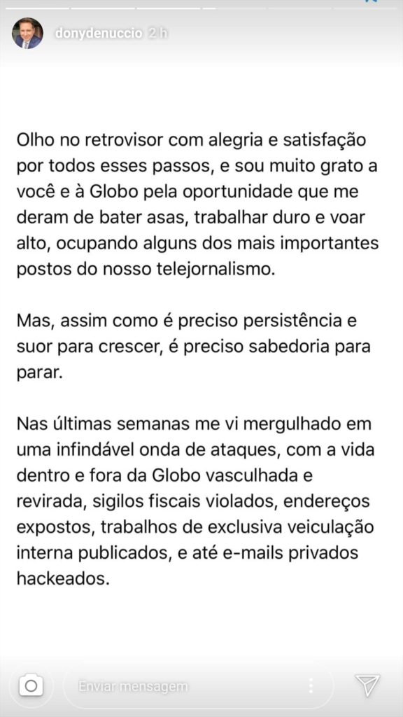Carta de Dony De Nuccio enviada para a Globo