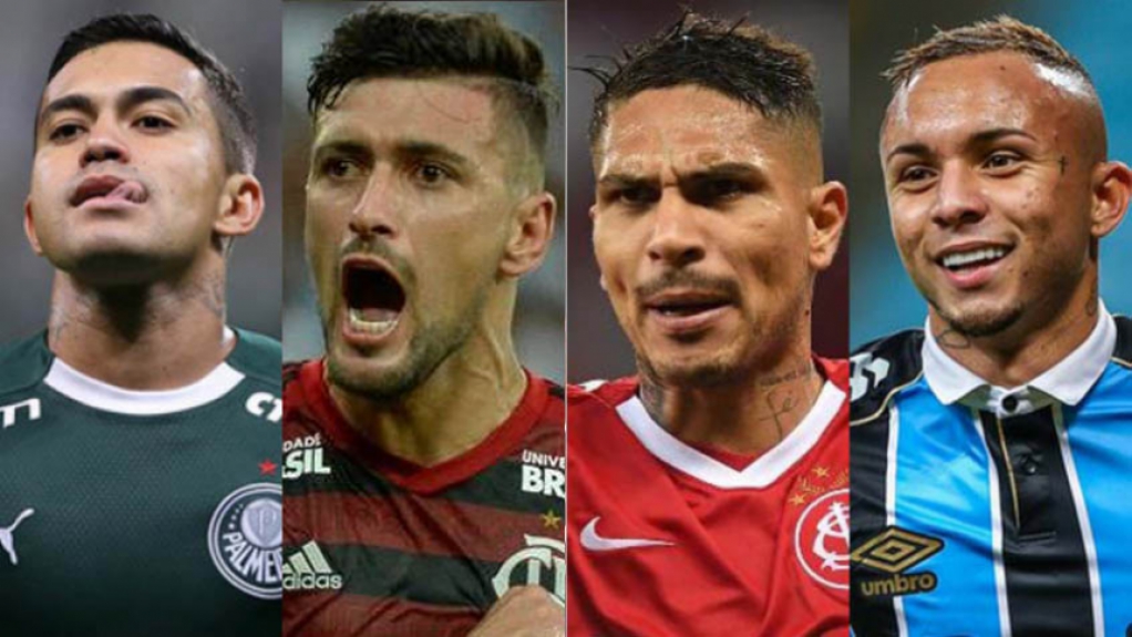 Dudu, do Palmeiras; Arrascaeta, do Flamengo; Guerrero, do Inter; Everton, do Grêmio: possíveis finalistas da Libertadores, que terá transmissão da Globo (Divulgação)