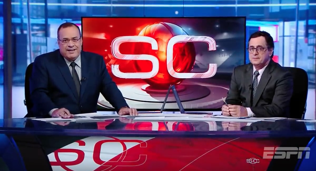 Paulo Soares, o Amigão, e Antero Greco, no SportsCenter: programa deverá ganhar mais espaço na nova ESPN Brasil (Reprodução/ESPN Brasil)