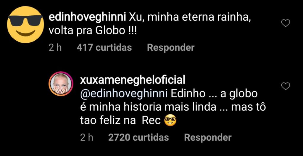 Xuxa se declara para Globo em comentário no Instagram, mas fala em felicidade na Record TV (reprodução/Instagram)