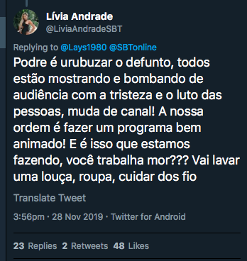 Lívia Andrade responde seguidor no Twitter (Reprodução)