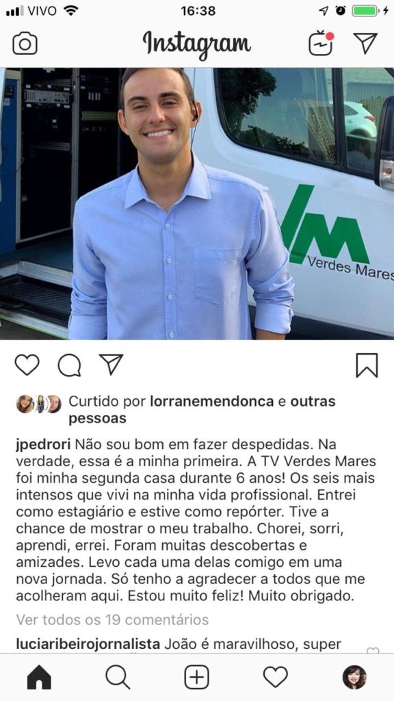 João Pedro Ribeiro se despede da TV Verdes Mares e é contratado pela Globo SP (Reprodução/Instagram)