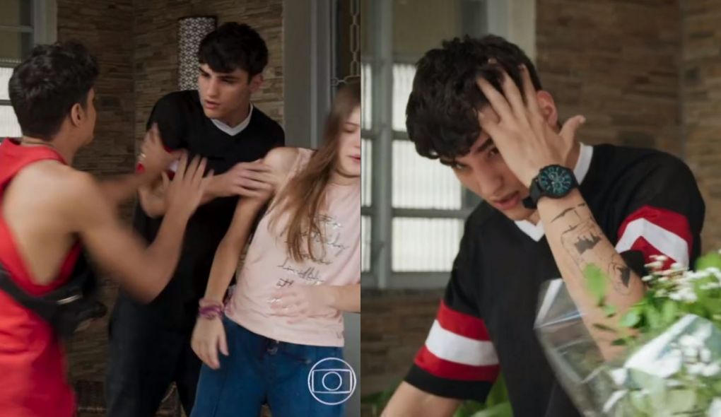 Cleber (Gabriel Santana), Anjinha (Caroline Dallarosa) e Tatoo (Caian Zattar) de Malhação - Toda Forma de Amar