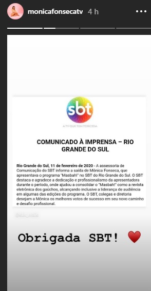 Mônica Fonseca publica agradecimento ao SBT RS em seu Instagram