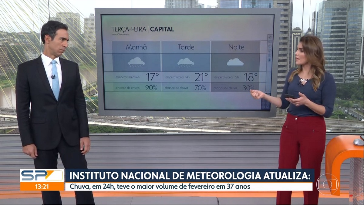 César Tralli e Eliana Marques durante a cobertura das chuvas em São Paulo