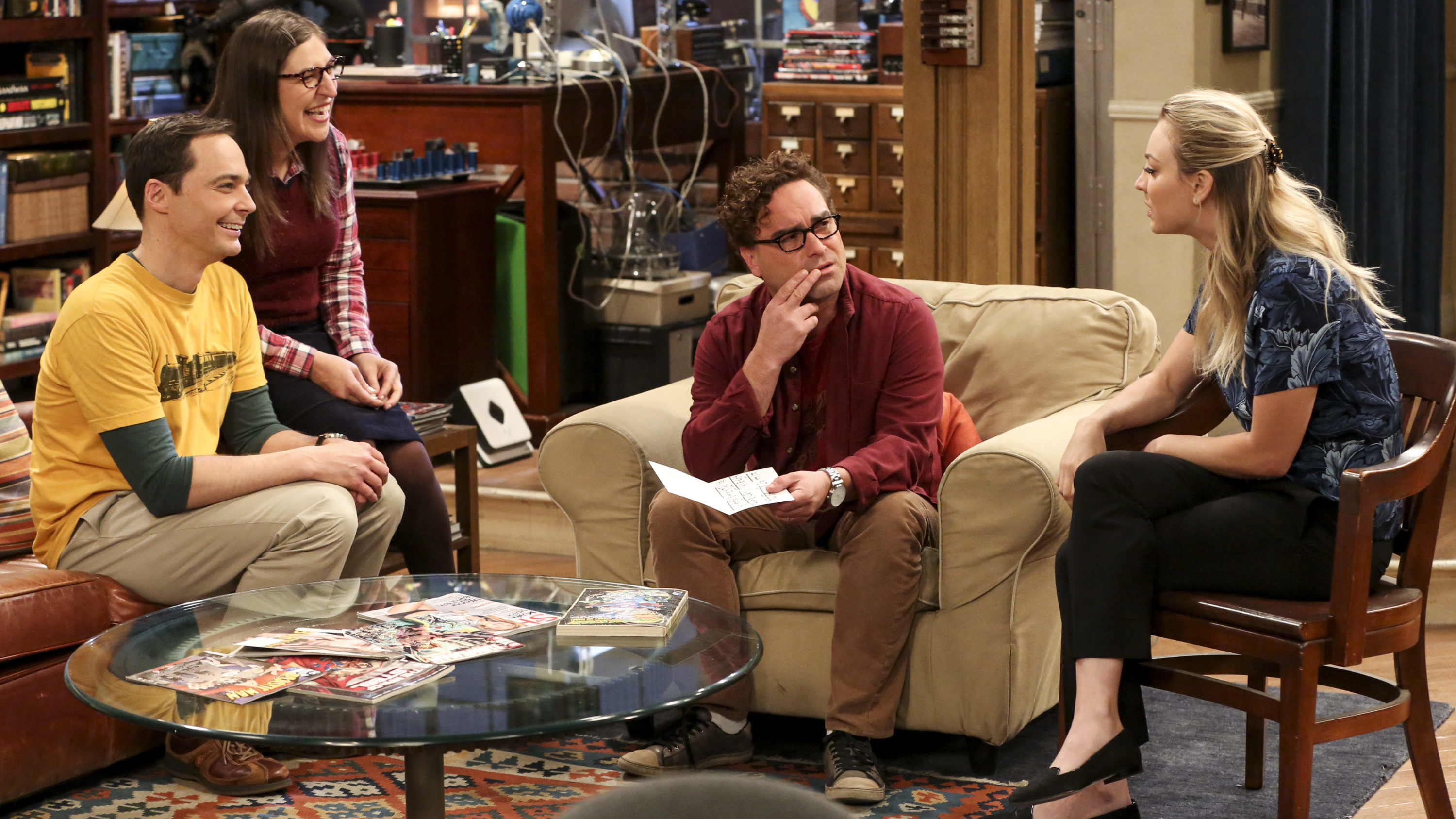 Sheldon Cooper (Jim Parsons), Amy Farrah Fowler (Mayim Bialik), Leonard Hofstadter (Johnny Galecki) and Penny (Kaley Cuoco)