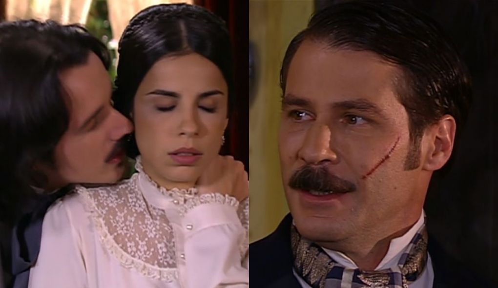 Geraldo (Caio Junqueira), Malvina (Maria Ribeiro) e Leôncio (Leopoldo Pacheco) de A Escrava Isaura