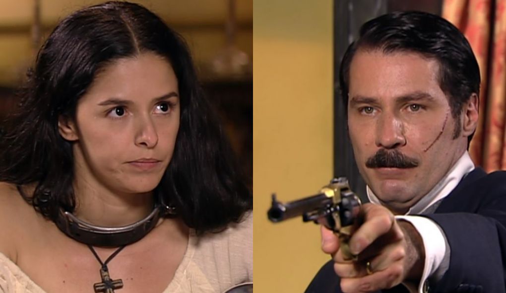 Isaura (Bianca Rinaldi) e Leôncio (Leopoldo Pacheco) de A Escrava Isaura