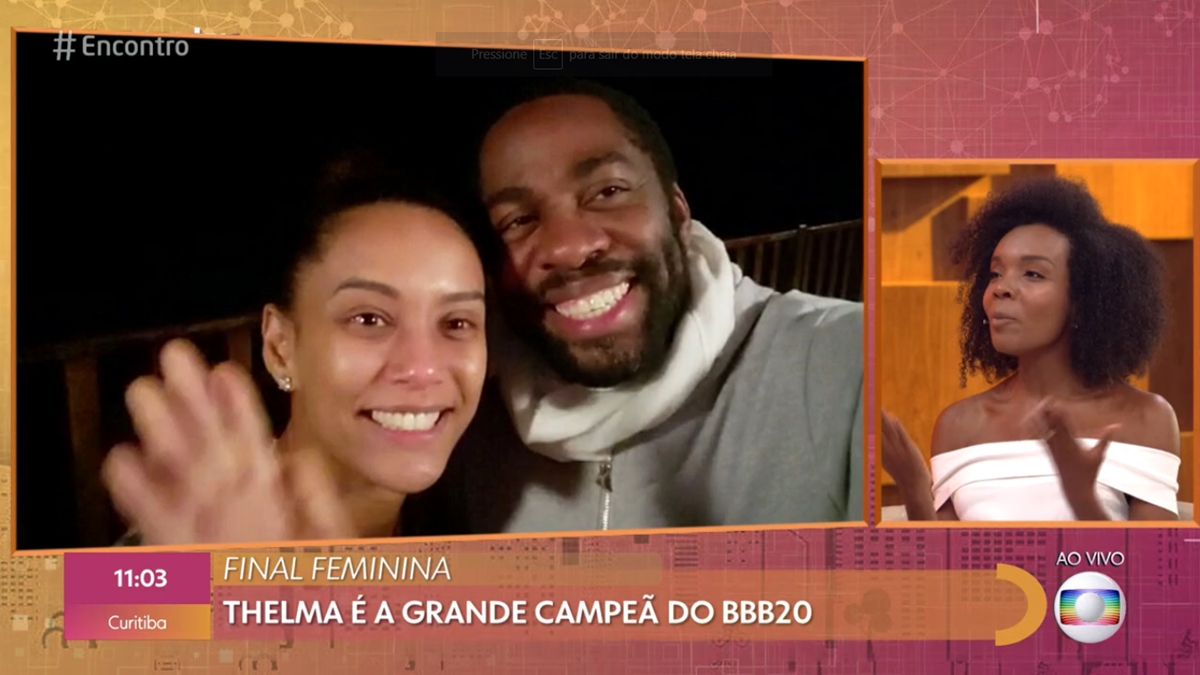 Taís Araújo e Lázaro Ramos falam com Thelma em vídeo no Encontro