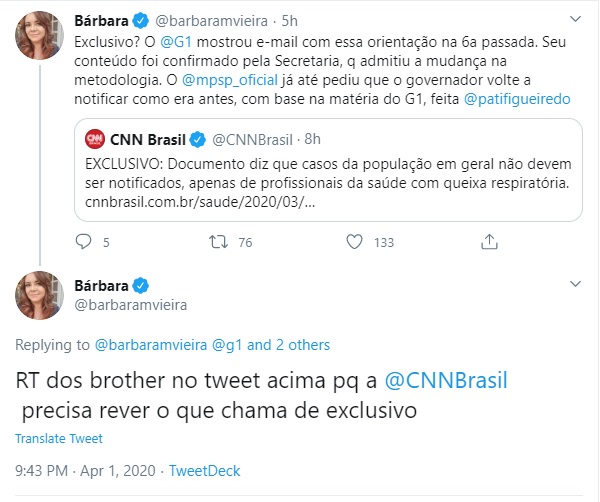 Post da repórter Bárbara Vieira
